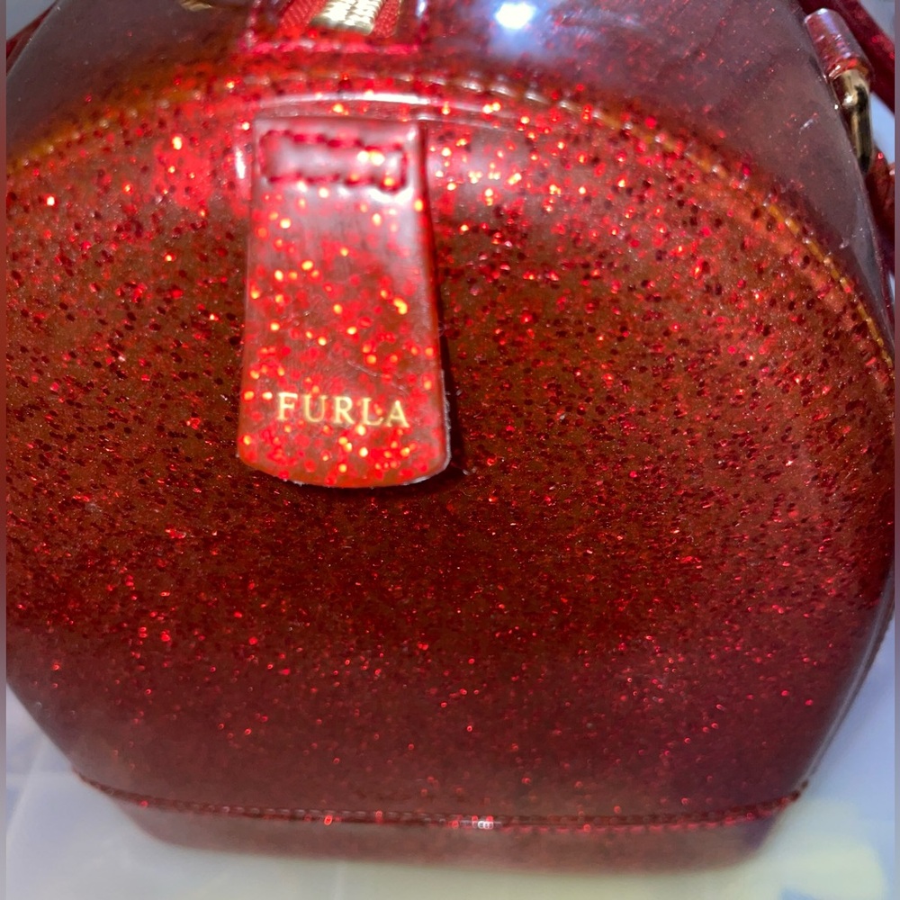 FURLA JELLY GLITTER CANDY RED HANDBAG SATCHEL BAG PURSE 12” x 8” RARE GOTHIC HTF - Picture 7 of 10